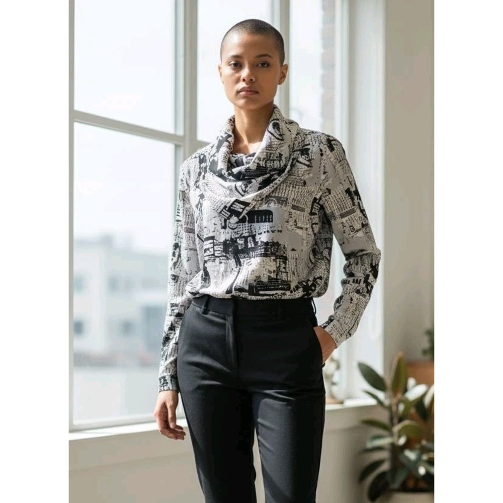 Milk & Honey Newspaper Style Print, Cowl‎ Neck Blouse Sz S